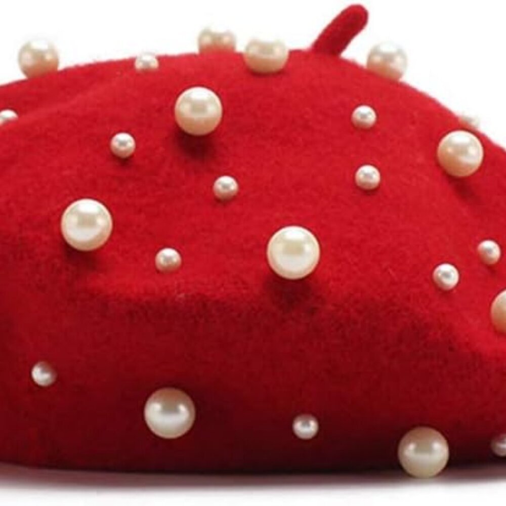 Women's Wool Berets Sweet French Pearl Beaded Beret Cap Winter Hat Knitted Beani